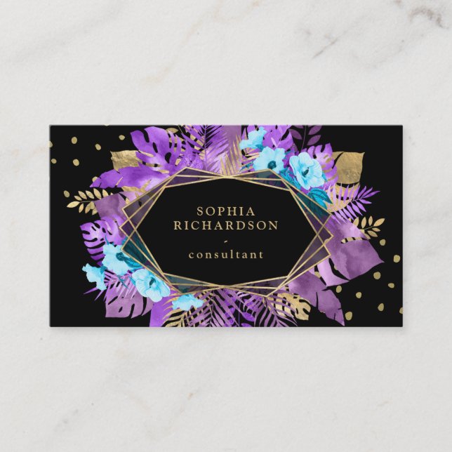 Purple Tropical Gold Leaves on Black | Geometric Business Card (Front)
