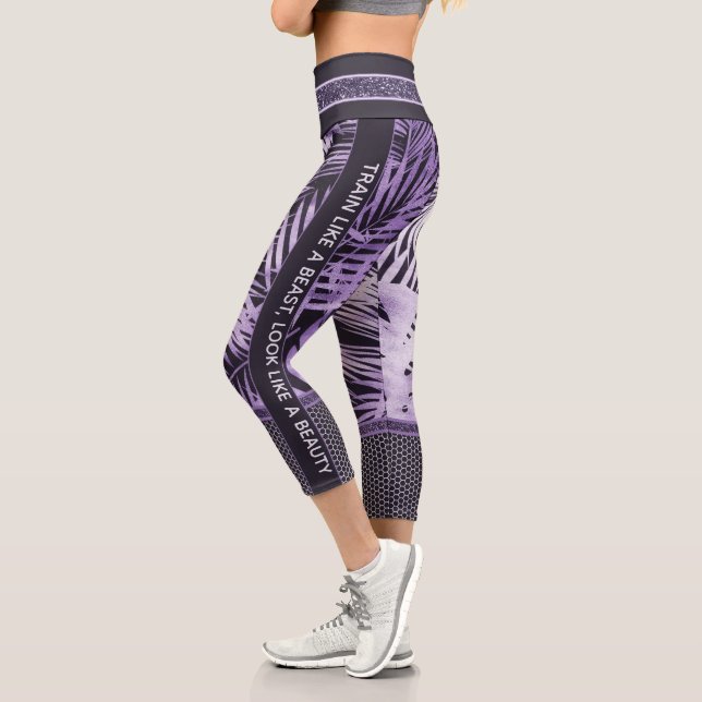 Purple tropical leaves glitter & quote stylish capri leggings (Left)