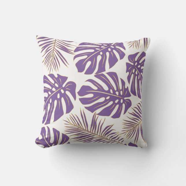 Purple tropical monstera leaves pattern cushion (Front)