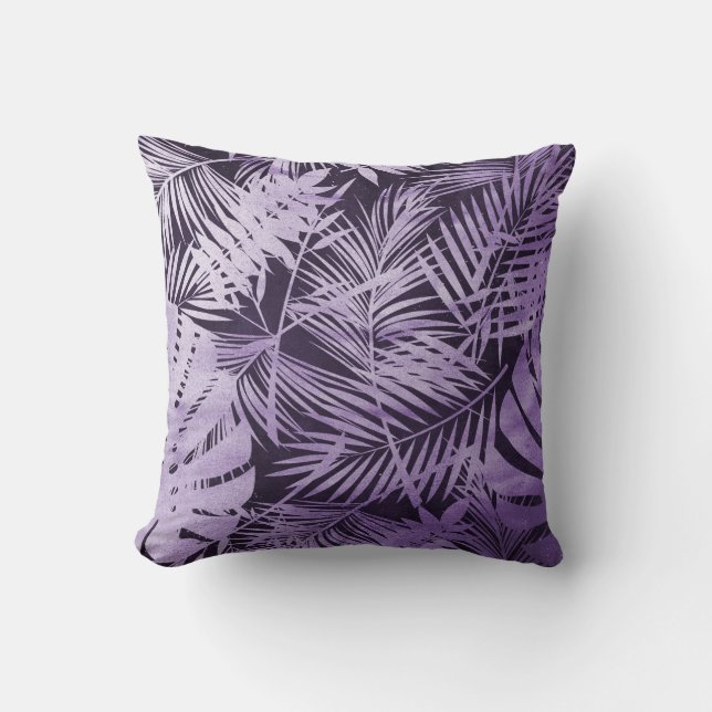 Purple Tropical Palm Leaves Cushion (Front)