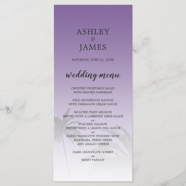 Purple Tropical Palm Tree Beach Wedding Menu (Front)