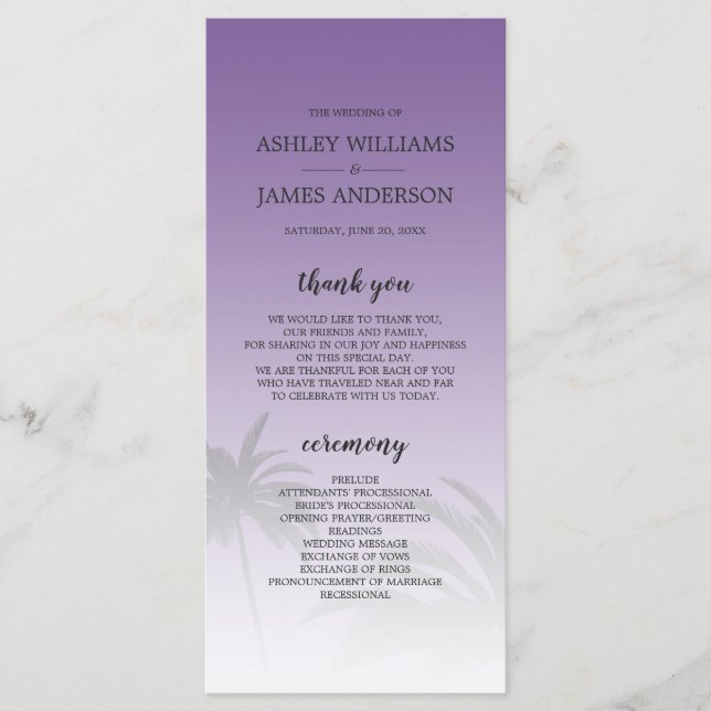Purple Tropical Palm Tree Beach Wedding Program (Front)