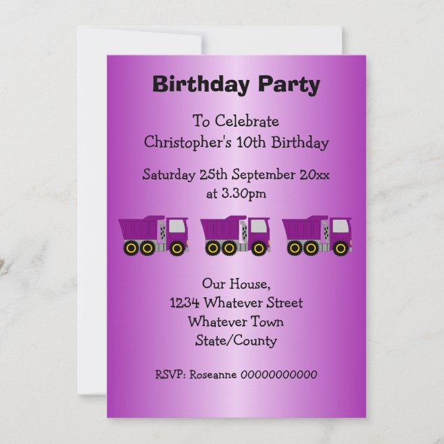 Purple Truck Design Boy's Birthday Party Invitation (Front)