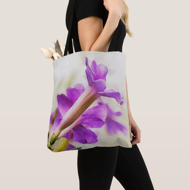 Purple Trumpet Flower Watercolor Art Tote Bag (Close Up)