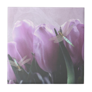 Purple Tulip Aqua Dragonfly Ceramic Art Tiles