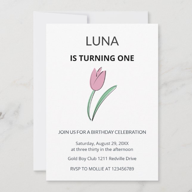 Purple Tulip Floral Girl Kids First Birthday  Invitation (Front)