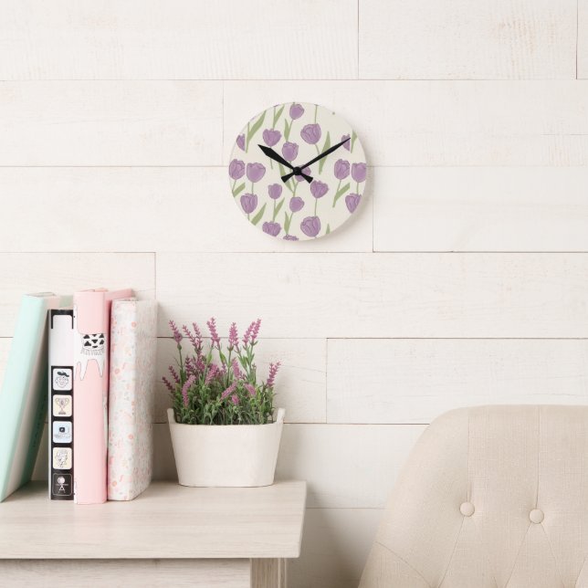 Purple Tulip Floral Pattern Round Clock (Reading Room)
