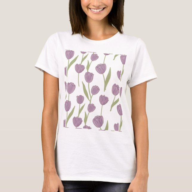 Purple Tulip Floral Pattern T-Shirt (Front)