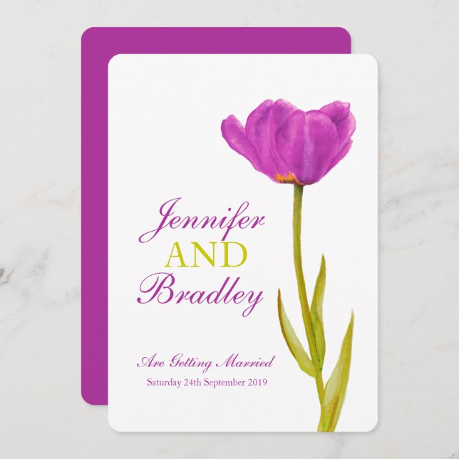 Purple tulip flower art wedding invitations (Front/Back)
