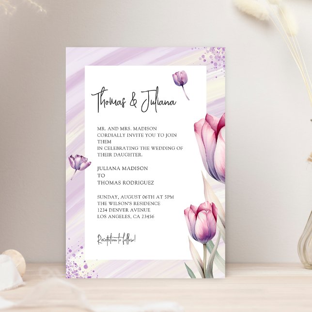 Purple Tulip Flower Watercolor Wedding Invitation (Creator Uploaded)
