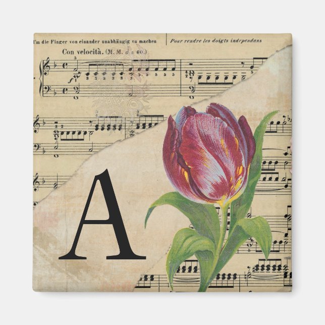 Purple Tulip Sheet Music Monogram Initial A Magnet (Front)