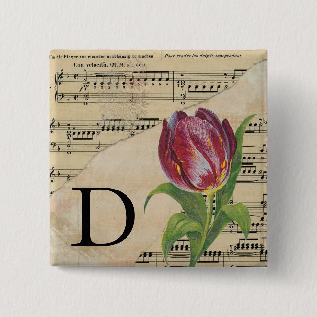 Purple Tulip Sheet Music Monogram Initial D 15 Cm Square Badge (Front)