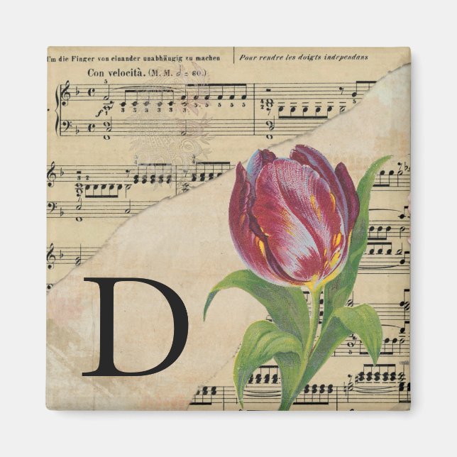 Purple Tulip Sheet Music Monogram Initial D Magnet (Front)