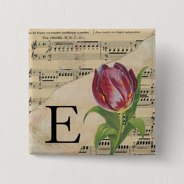 Purple Tulip Sheet Music Monogram Initial E 15 Cm Square Badge (Front)