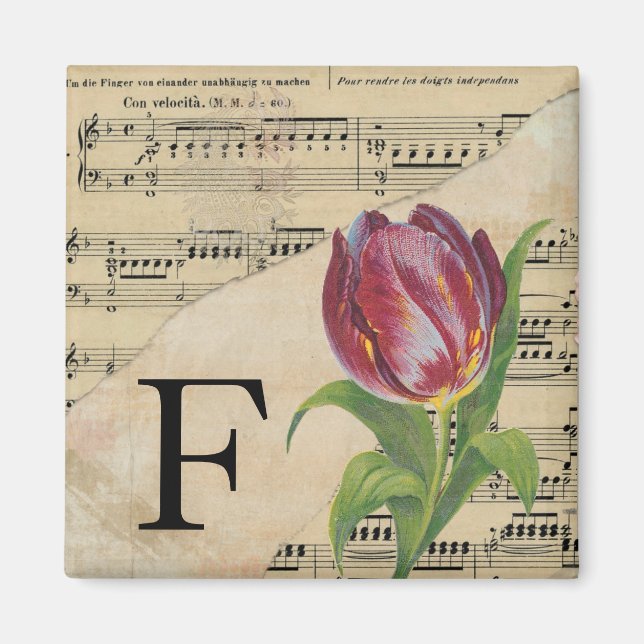 Purple Tulip Sheet Music Monogram Initial F Magnet (Front)