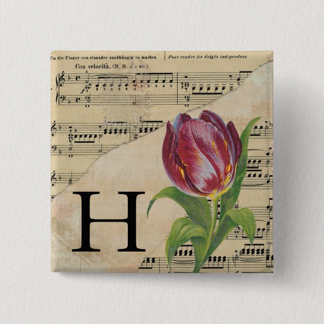 Purple Tulip Sheet Music Monogram Initial H 15 Cm Square Badge (Front)