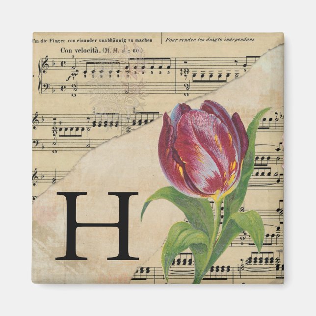 Purple Tulip Sheet Music Monogram Initial H Magnet (Front)