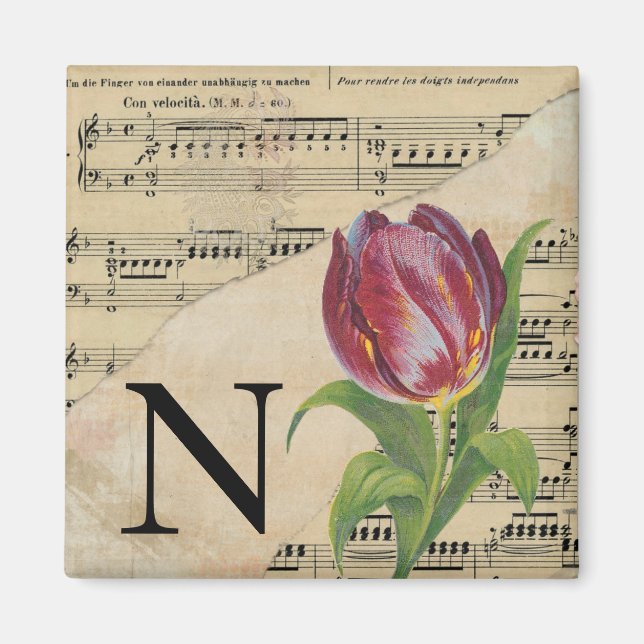 Purple Tulip Sheet Music Monogram Initial N Magnet (Front)