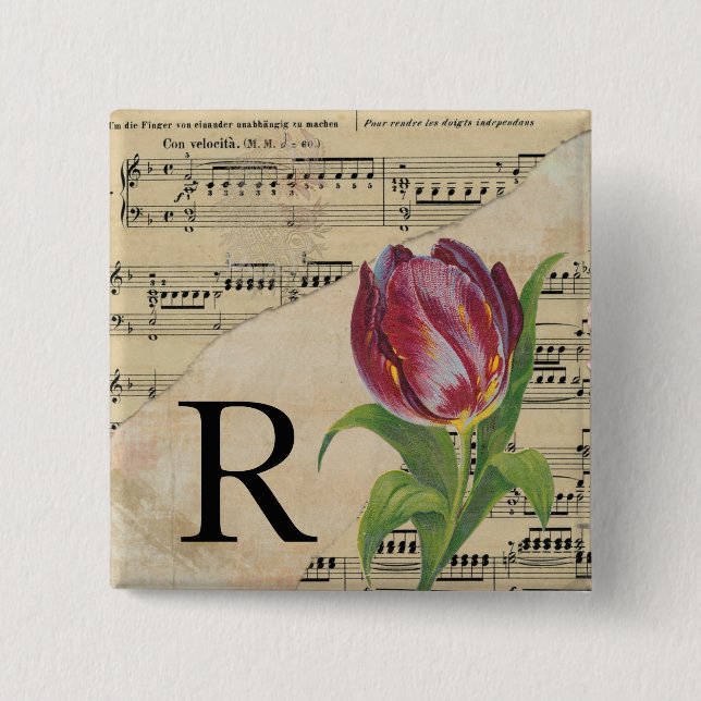 Purple Tulip Sheet Music Monogram Initial R 15 Cm Square Badge (Front)
