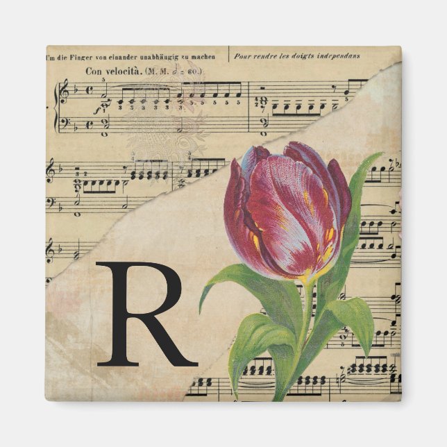 Purple Tulip Sheet Music Monogram Initial R Magnet (Front)