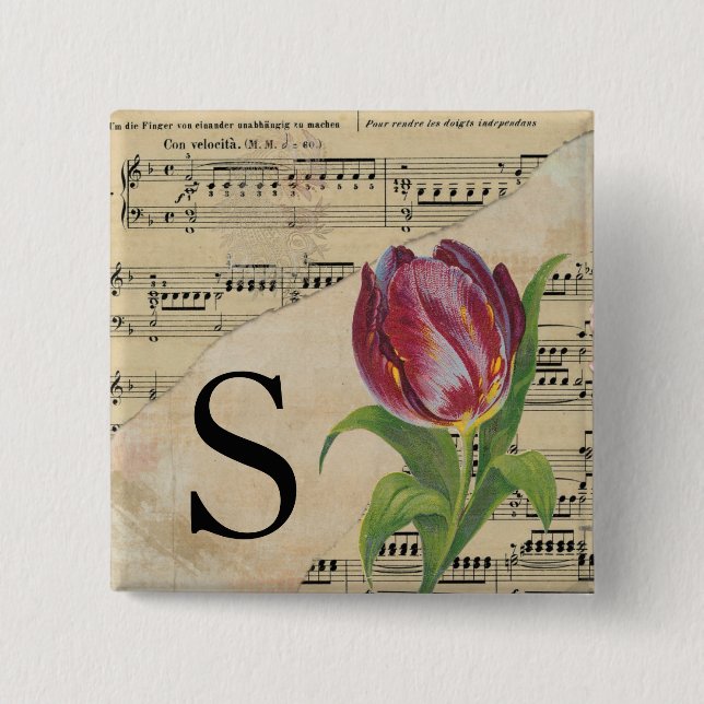 Purple Tulip Sheet Music Monogram Initial S 15 Cm Square Badge (Front)