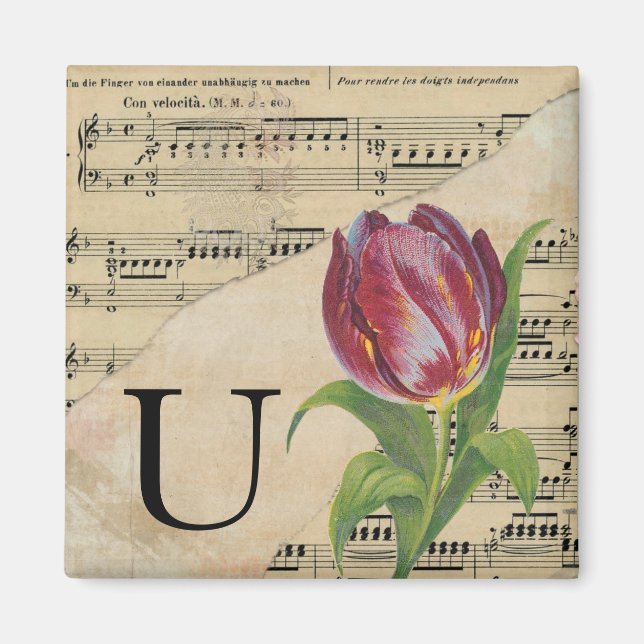 Purple Tulip Sheet Music Monogram Initial U Magnet (Front)