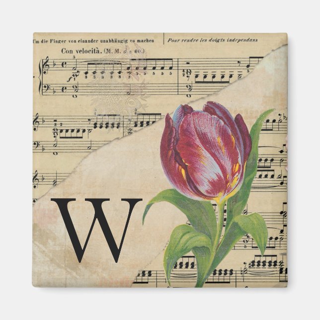 Purple Tulip Sheet Music Monogram Initial W Magnet (Front)