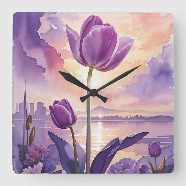 Purple Tulip Square Wall Clock (Front)