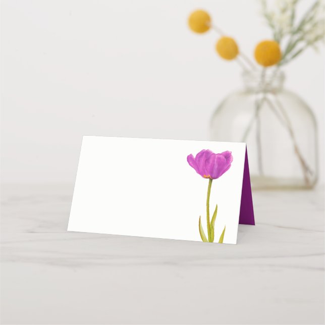 Purple tulip watercolor art guest place cards (Front)