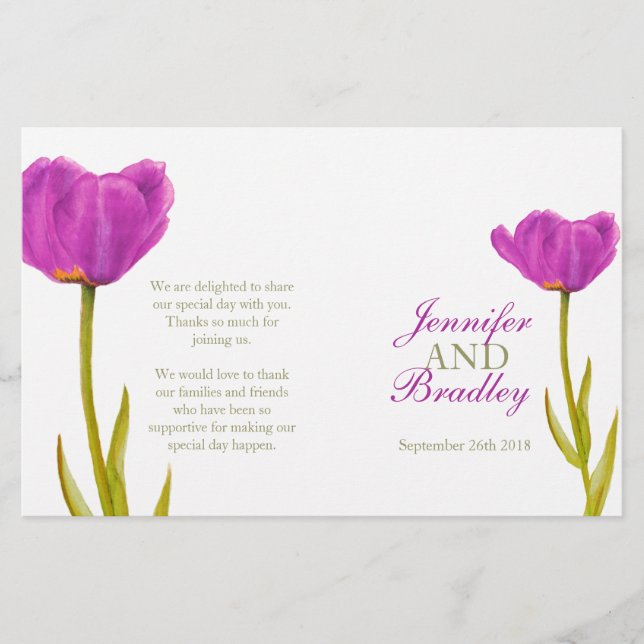 Purple tulip watercolor art wedding programme (Front)