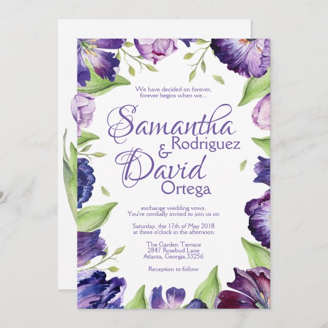 Purple Tulip Wedding Invitation Floral Wedding (Front/Back)