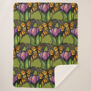 Purple Tulip with Monarch Butterflies Nature Sherpa Blanket