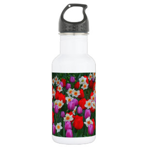 Purple tulips and white daffodils garden 532 ml water bottle