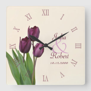 Purple tulips anniversary square wall clock
