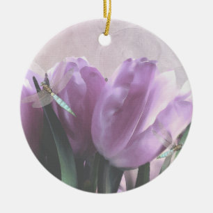 Purple Tulips Aqua Dragonflies Ceramic Ornament