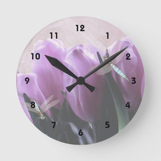 Purple Tulips Aqua Dragonflies - Numbered Round Clock (Front)
