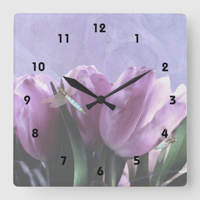 Purple Tulips Aqua Dragonflies - Numbers Square Wall Clock (Front)