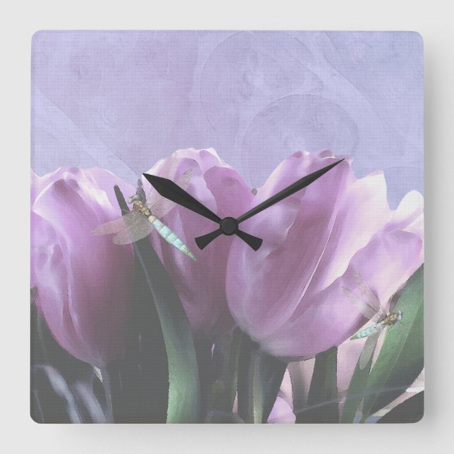 Purple Tulips Aqua Dragonflies Square Wall Clock (Front)