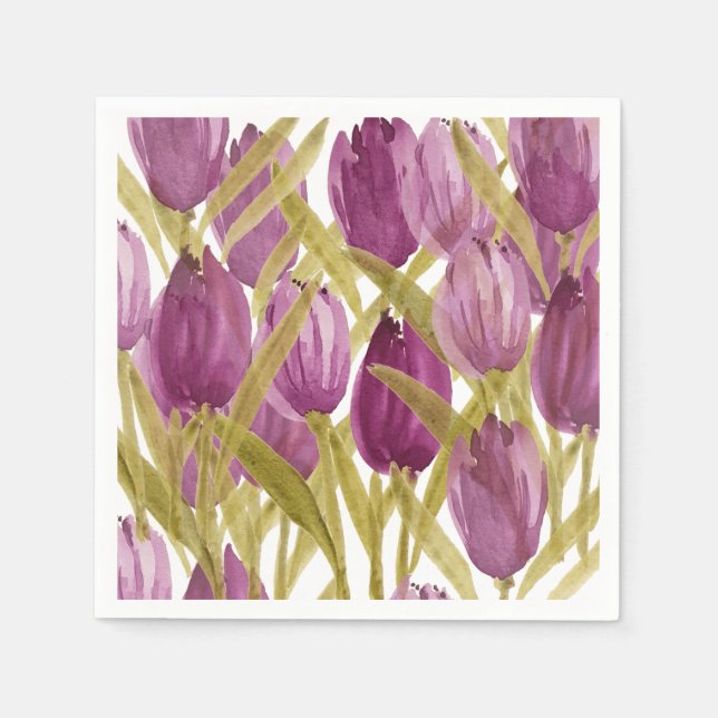 Purple Tulips Elegant Watercolor Napkin (Front)
