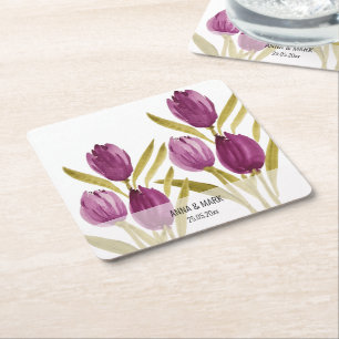 Purple Tulips Elegant Watercolor Square Paper Coaster
