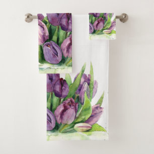 Purple Tulips Floral Watercolor Pattern Bath Towel Set