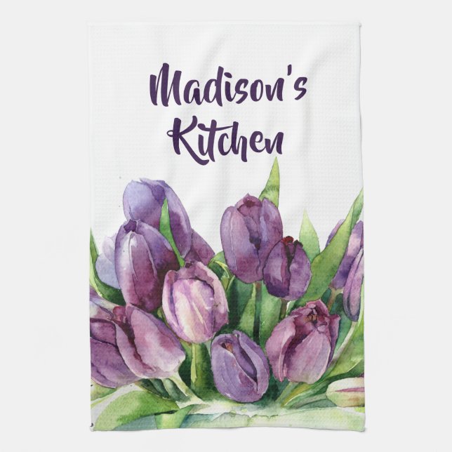 Purple Tulips Floral Watercolor Pattern Tea Towel (Vertical)