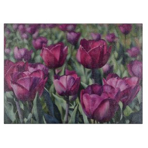 Purple Tulips Flowers Floral Art Glass Cutting Board