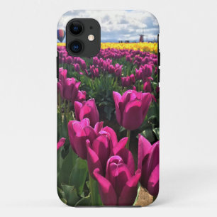 Purple Tulips in a Field with a Hot Air Balloon iPhone 11 Case