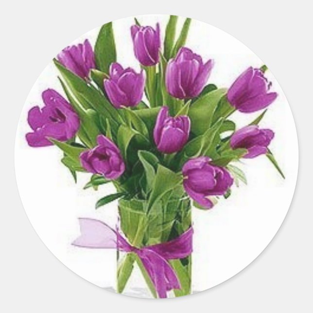 purple tulips in vase classic round sticker (Front)