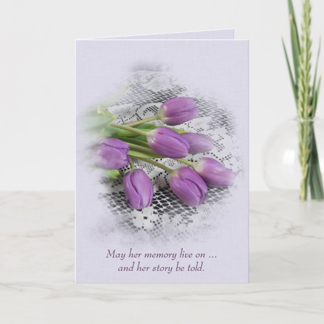 Purple Tulips on Lace Sympathy Card (Front)