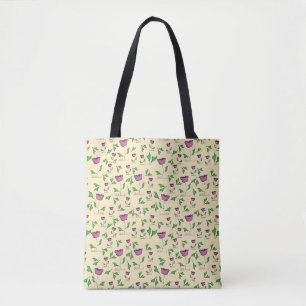 Purple tulips on yellow background tote bag