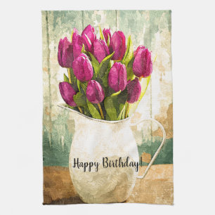Purple Tulips, Spring Bouquet Birthday Art Tea Towel
