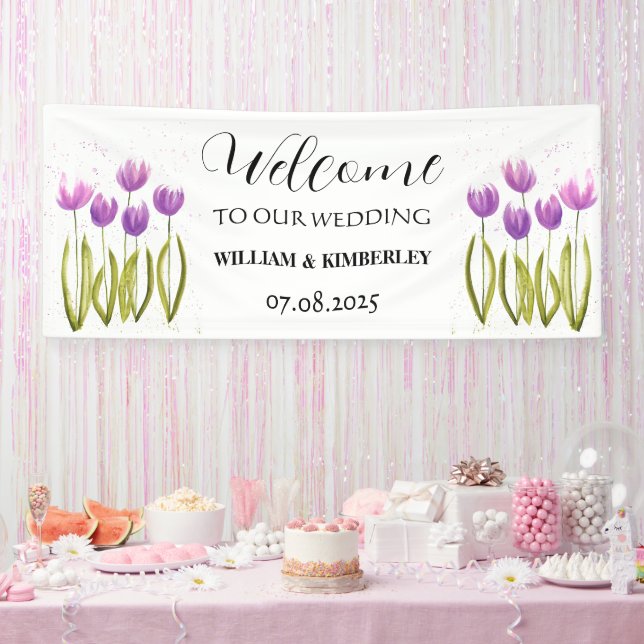 Purple Tulips Spring Floral Rustic Elegant Wedding Banner (Party)