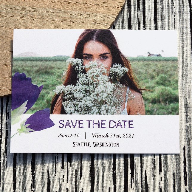 Purple Tulips  Sweet 16 Save the Date Card (Purple sweet 16 save the date postcard, purple tulips with purple stripes)